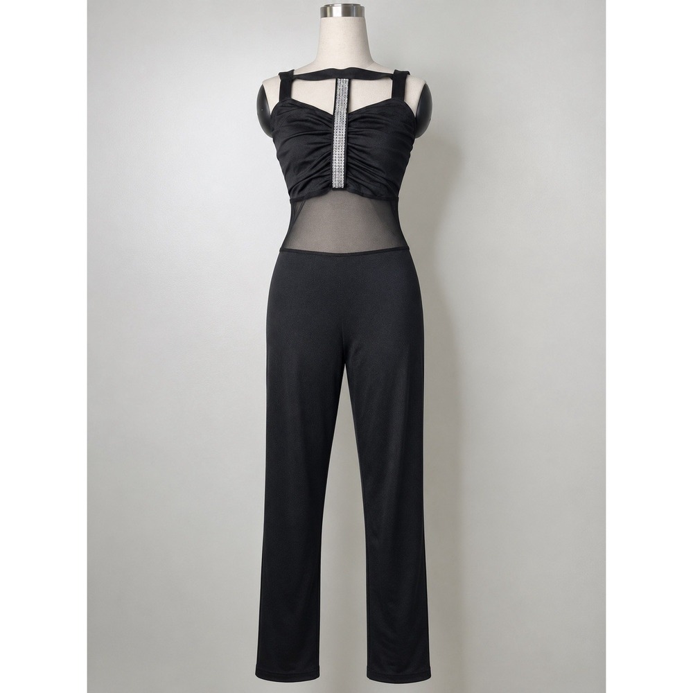 Kelle Black Dance Costume Unitard Jumpsuit Rhinestone Mesh Teen Made in USA